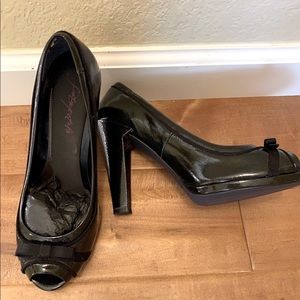 Linea Paolo black patent peep toe heels